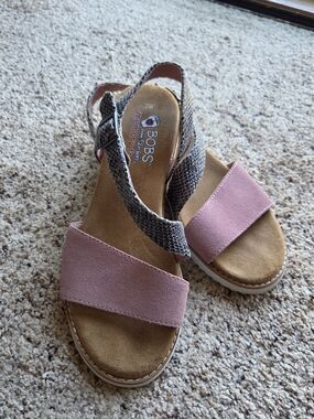 Skechers Pink Suede Front Sandals with Snake-Print Slingback